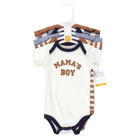 Hudson Baby Unisex Baby Cotton Bodysuits, Brown Navy Mamas Boy 5-Pack, 9-12 Months