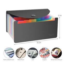 Uquelic 13 Pockets File Folder 2 Pieces - Expanding File Folder for Documents Documents Plastic for Storage Reception Cards Receipts Bills Checks (Black + Transparent)