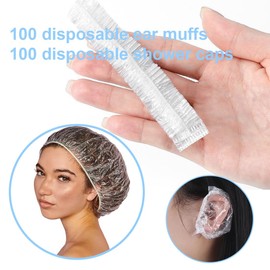 Pack of 100 Shower Caps and 100 Pieces Shower Ear Covers, Elastic Hair Shower Cap, Ear Covers, Waterproof Ear Cover with Elastic Bands, Suitable for Women, Travel, Home Use