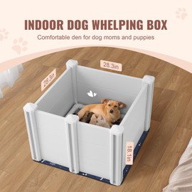 Happybuy 28.3 x 28.3 x 18.1in Dog Whelping Box, Whelping Pen for Puppies, Dog Birthing Box with Rails and Washable Pee Pad, for Small Breed Dogs, White