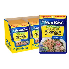 StarKist Low Sodium Albacore White Tuna in Water, 2.6 oz Pouch (24 Pack) Ready to Eat Wild Caught Tuna, 17g Protein, 80 Calories Per Serving, Gluten Free, Soy Free, Kosher, Perfect for Meals & Snacks