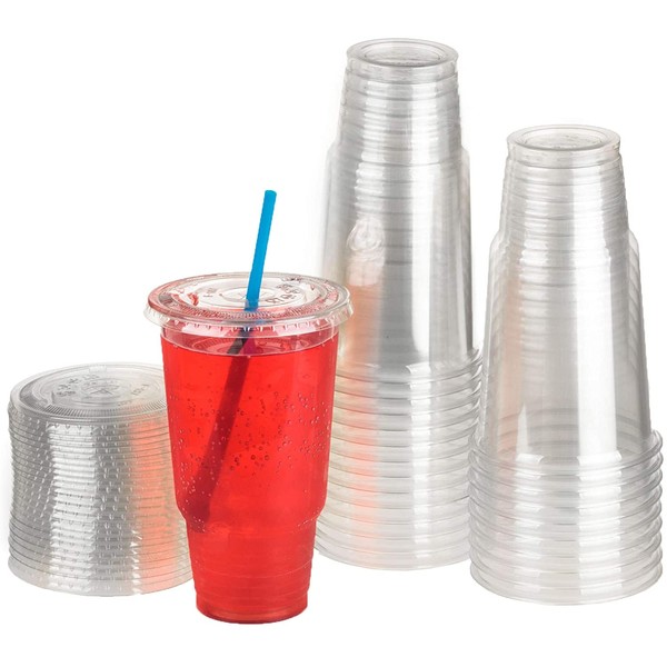 GOLDEN APPLE, 32oz-25sets. Clear Plastic Cups with Flat lids X hole (25cups +25lids) BPA Free