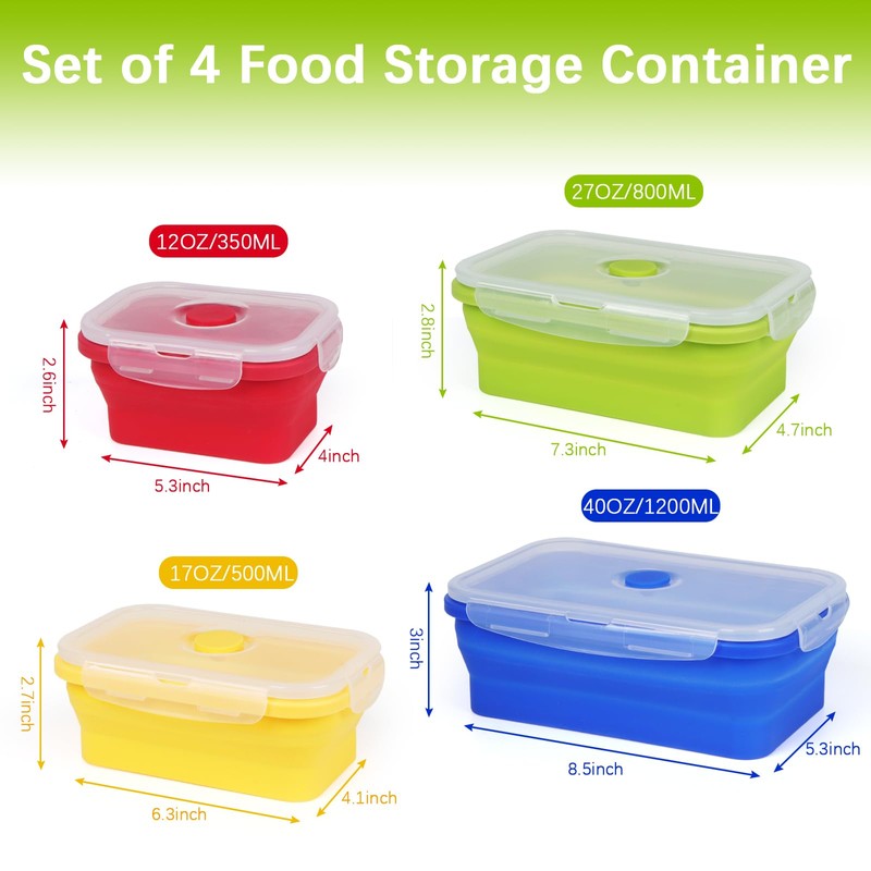 NATUREKIT 4 Collapsible Silicone Food Storage Containers,Kitchen Stackable Leftover Bento