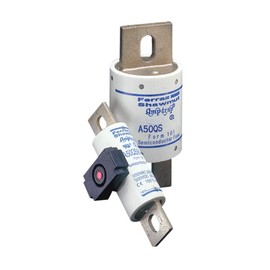Mersen A50QS Semiconductor Protection Fuse with Bolt-in Mount, 500VAC/DC, 200kA AC/87kA DC, 400 Ampere, 1-1/2" Diameter x 4-11/32" Length