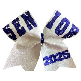White Glitter Senior Cheer Bow 2025 - Royal Blue Lettering
