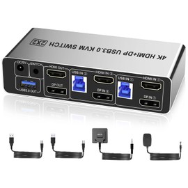 KVM Switch 2 Monitors 2 Computers HDMI Displayport USB3.0 Switcher 4K 60Hz Dual Monitor 3 USB Ports HDMI+DP KVM Switcher for 2 PCs Sharing Keyboard Mouse Printer Scanner Supports Extended/Copy Mode