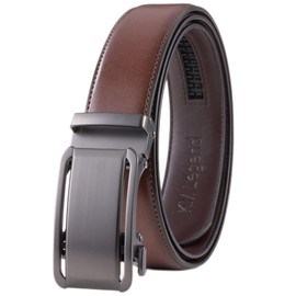 KM Legend Men’s Leather Automatic Buckle Ratchet Dress Belt for Men Customizable Fit, Brown, 32/34