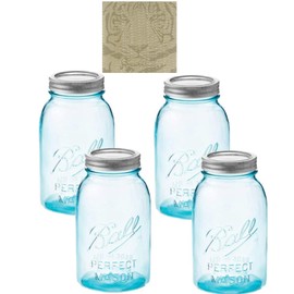 Ball Vintage Aqua Mason Jar 32 oz Regular Mouth - Set of 4 Colored Glass Blue Canning Jars with Lids & FTDBRB Jar Gripper