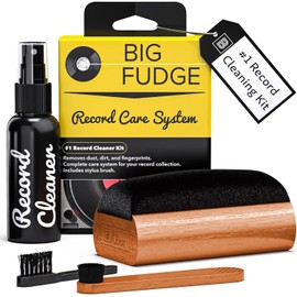 Big Fudge Kit 4 en 1 Limpiador Disco de Vinyl - Cepillo de Terciopelo para Vinilo y Otro para la Aguja, Solución Limpiadora XL y Bolsa de Almacenamiento - Limpieza Discos Viniles