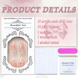 Press on Nails Medium Almond MABKJLF Fake Nails Full Cover Pink Rouge False Nails with White Heart Bow Star Designs Glossy Glue on Nails Rhinestones Acrylic Artificial Nails for Women Girls 24Pcs