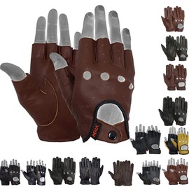 MRX BOXING & FITNESS Mens Driving Gloves Basic Soft Goat Leather Fingerless Breathable Biker Motorcycle Riding Cycling Shooting Button Gloves Half Finger, Brown (Medium)