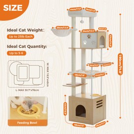 PAWZ Road Large Cat Tree with Food Station, 74.8 Inches Wooden Tall Cat Tower with Extra Large Condos and Hammocks,Spacious Perch,Sisal and Steel Posts, Scratching Mat for Indoor Adult Cats-Biege