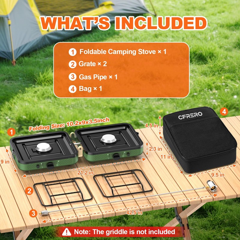 Propane 2-Burner Foldable Camping Stove with Carry Bag, Portable Propane