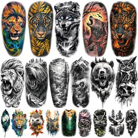 77 Sheets Temporary Tattoos, 17 Sheets Half Arm Wolf Lion Tiger Bear Leopard Eagle Fake Tattoos for Adults Shoulder Neck, 60 Sheets Tiny Animal Temporary Tattoos Realistic for Men Women Boys & Girls