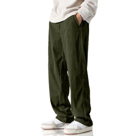 HOTake Men's Casual Corduroy Pants Vintage Drawstring Baggy Sweatpants Wide Leg L(36) Army Green