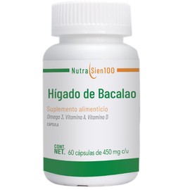 Nutrasien100 Aceite de Hgado de Bacalao  Omega 3, Vitamina A y D3  60 Cpsulas Blandas  Suplemento para Huesos, Bienestar Diario y Salud Familiar      