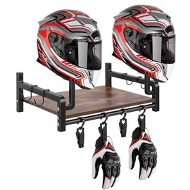 Motorcycle Helmet Holder Wall Motorcycle Coat Rack Helmet Display Stand with Hooks for Use in Homes, Entrance Areas, Garages, Workshops in the Basement (Walnut Colour)