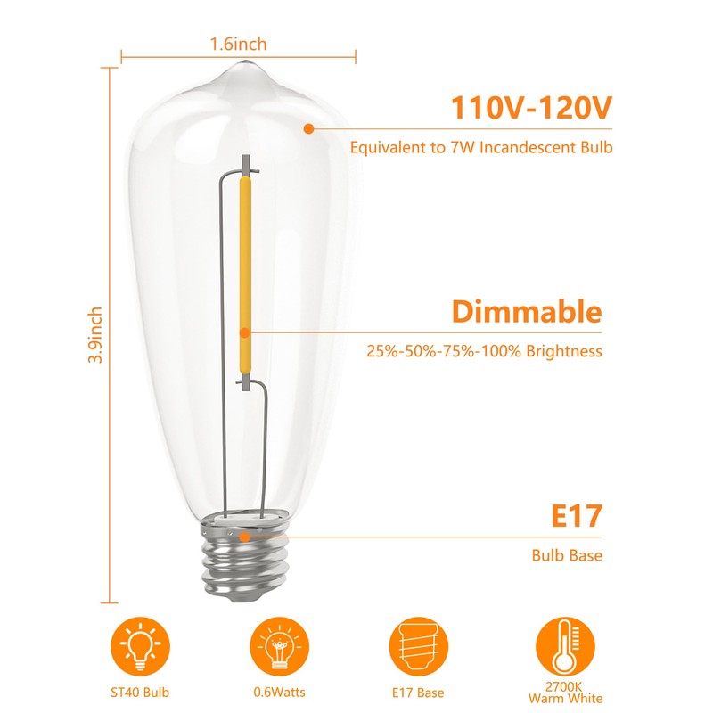 ST40 10 Pack Edison LED Light Bulbs, 0.6W E17 Screw