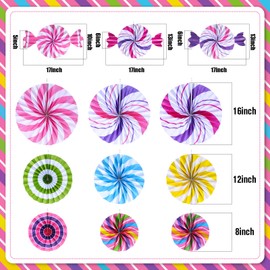 Outus 12 Pcs Hanging Paper Fans Candy Themed Classroom Decorations Lollipop Paper Fan Colorful Peppermint Ceiling Wall Decor for Candy Land Birthday Party Supplies