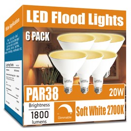 Gonhom Par38 LED Flood Light Bulbs Outdoor 6 Pack, Dimmable Soft White 2700K, 20W Replace up to 200W, 1800LM, E26 Base Outdoor Flood Light Bulbs for Backyard, Garage, Porch, Gardens