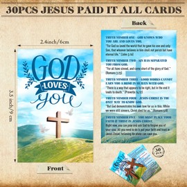 Blulu 30 Sets Gospel Tract Cards with Mini Wooden Cross Keychains Bulk Jesus Bible Salvation Pocket Postcards Religious Small Charms Christian Bookmarks Easter Church Supplies(God Loves You)