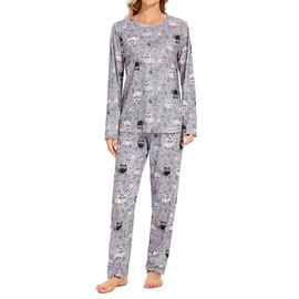 Cotton Pajamas For Women Set Long Sleeve Sleepwear with Pants Soft Comfy Cute Cat Printed Pj Lounge Sets S-XXL (US, Alpha, Small, Regular, Regular, D2-Grey)