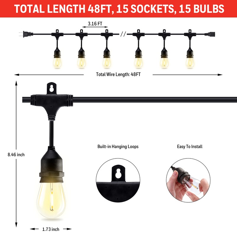 Honeywell 48 FT Outdoor String Lights, Commercial Grade Waterproof LED