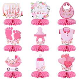 Tinoaly 9pcs Honeycomb Baby Girl Shower Decorations, Pink Honeycomb Baby Shower Centerpieces, Floral Designs Pregnancy Announcement Table Toppers for Welcome Newborn Girls Gender Reveal Party Supplies