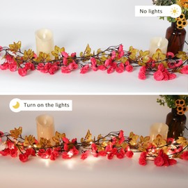 RECUTMS 2pcs Fall Garland Artificial Rose Vines Flower Garland 8.2FT Hanging Rose Ivy Garland with 30 LED String Light for Wedding Arch Garden Background Room Wall Decor Birthday Autumn Decor(Fuchsia)