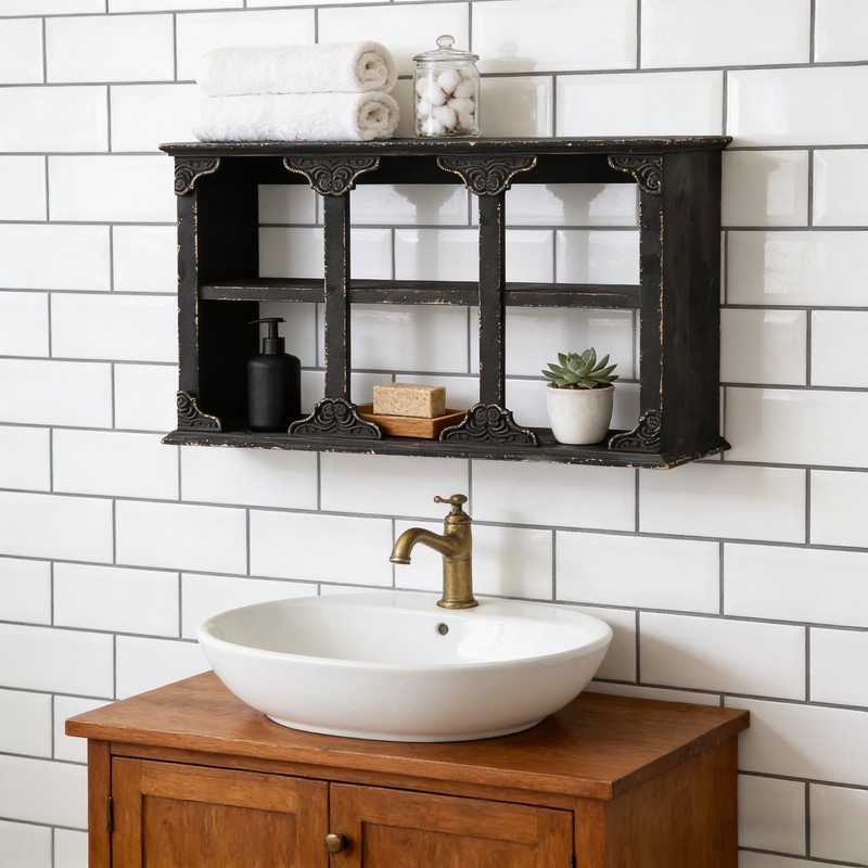 SOFE Distressed Black Floating Shelf with Carved Accents, 3-Tier Wall