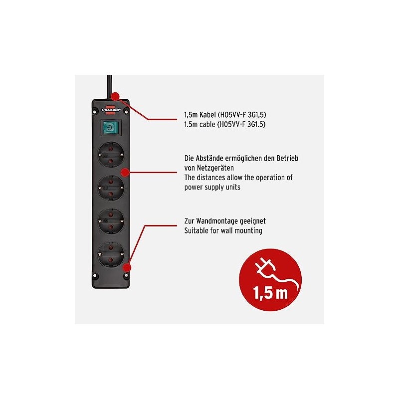Brennenstuhl Bremounta 4-Way Power Strip with Switch, Multi-Socket with 90-Degree
