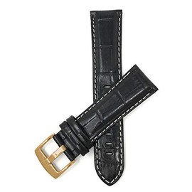 Bandini 20mm Mens Italian Leather Watch Band Strap - Black With White Stitch - Alligator Pattern - Gold Buckle