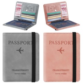 DQST 2 PACK Cartera para Pasaporte RFID, Pasaporte Funda para Hombres y Mujeres, Protector de Pasaporte, Viaje Accesorios Mujer. (Gris+Rosa)