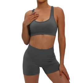 HomyComy Women's Sports Suits 2 Pieces Seamless Outfit Tracksuit Jogging Suit Crop Top and Shorts Leggings Clothing Sets Yoga Outfit Leisure Suit Sportswear, gray