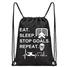PXTIDY Hockey Bag Hockey Goalie Gift Eat Sleep Stop Goals Repeat Drawstring Backpack Hockey Sport Sackpack