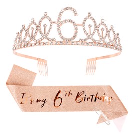 CIEHER 6th Birthday Crown + 6th Birthday Sash + Pearl Pin Set, It's My 6th Birthday Sash, 6 Birthday Tiara, 6th Birthday Decorations for Girls, 6th Birthday Gifts