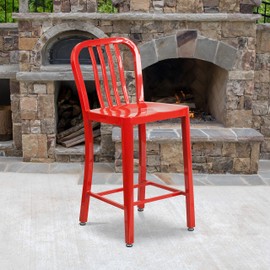 Flash Furniture Commercial Grade 24" High Red Metal Indoor-Outdoor Counter Height Stool with Vertical Slat Back