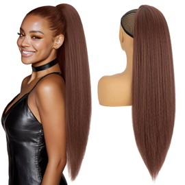 S-noilite Ponytail Extension 24 inch Drawstring Ponytails for Black Women Long Yaki Straight Ponytails Hair Piece Fluffy&Thick（Dark Auburn）