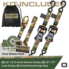 VULCAN Ratchet Strap Tie Down Kit - 1.6" x 8' - 3X Stronger Than 1" Tie Downs - Camouflage - (2) Ratchets with Rubber Handles, (2) 8' Straps with Latching S-Hooks, (2) Soft Loop Tie-Down Extensions