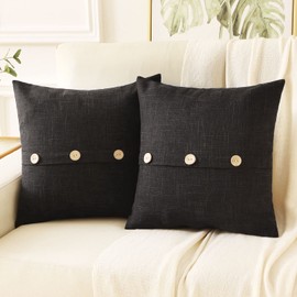 HAUSSY Black Linen Decorative Throw Pillow Covers 26x26 Inch Set of 2,Square Euro Pillow Shams with 3 Vintage Buttons,Modern Farmhouse Home Decor for Couch,Bed