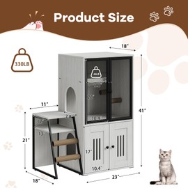 Garvee Double Cat Litter Box Fence with Ladder, Double Cat House with Storage Space, Enclosed Litter Box Furniture, White