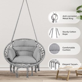 Goutime Hammock Chair, Macrame Hanging Swing Chairs with Cushion and Hardware Kit,Adult Boho Swings for Outside,Patio,Balcony,Bedroom (Light Grey)
