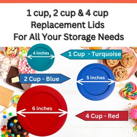 Klare Ware 1, 2 & 4 Cup Replacement Lids/Covers for Pyrex, Anchor Hocking & Klare Ware Storage Bowls (Glass Container Not Included) 3 Pack, Turquoise Blue Red
