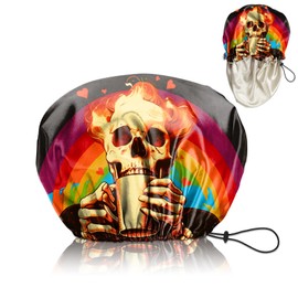 Cabreche Luxury Shower Cap Satin Silk Lined Adjustable Elastic Reusable Waterproof Shower Bath Cap Cute for Women Girls-Rainbow Skeleton