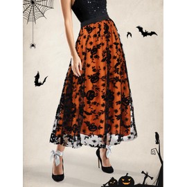 Cossoul - Falda de tul de Halloween para mujer, con cintura elástica de calabaza, malla en capas, falda midi de bruja de Halloween, naranja (Orange Pumpkins), Large-X-Large