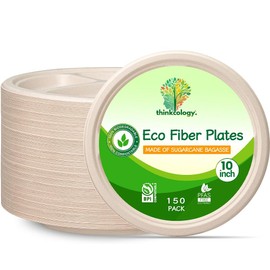 Thinkcology Compostable 3 Compartment Paper Plates 10 inch | Disposable Plates | Made of Biodegradable Sugarcane Bagasse | Round Heavy-Duty Eco-Friendly Dinner Plates | Natural Brown | 150 Pack