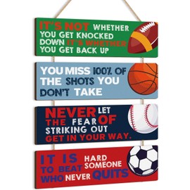 CHDITB 4 X (11.8”/30cm X 3.5”/9cm) Movational Quote Office Decor,Football Basketball Baseball Positive Wood Sign Wall Art for Kid Woman Man Gifts Office Living Room Home Gym Decor(B)