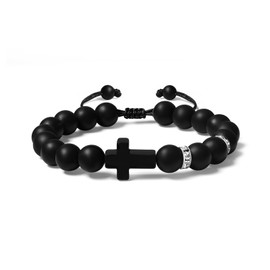 Metzm Adjustable Silicone Cross Beaded Bracelet for Men Women,Waterproof Rubber Surfer Cross Couples Bracelet Set, Faith Religious Christian Catholic Jewelry Gifts (Black)