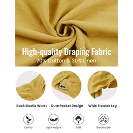 SCUSTY Linen Pants for Women Culottes Capris Wide Leg Palazzo Cropped Flowy Trousers(Yellow-XL)