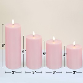 Girimax Pink Ribbed Flameless Pillar Candles with Remote, Flat Top Flickering LED Wax Battery Candles Set of 4, Φ 3" H 4" 5" 6" 8"